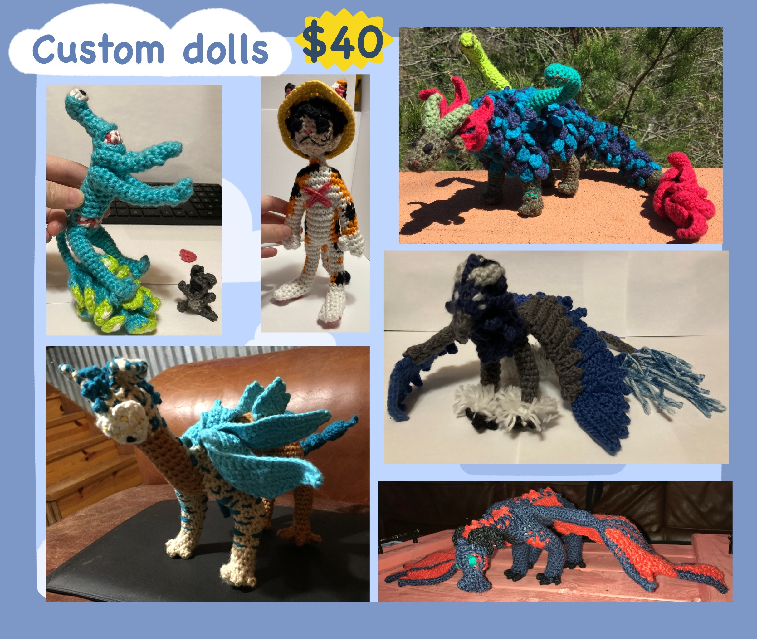 commission sheet of various crocheted dolls