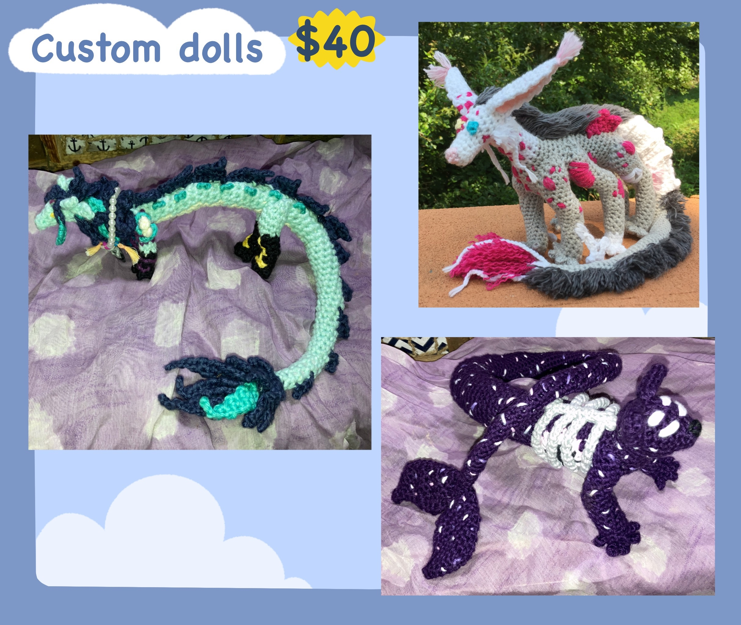 commission sheet of various crocheted dolls